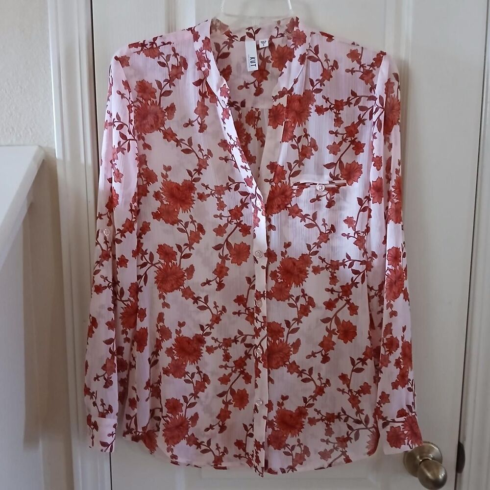 Romantic Kut from the kloth floral blossom sheer button-up long sleeve blouse S